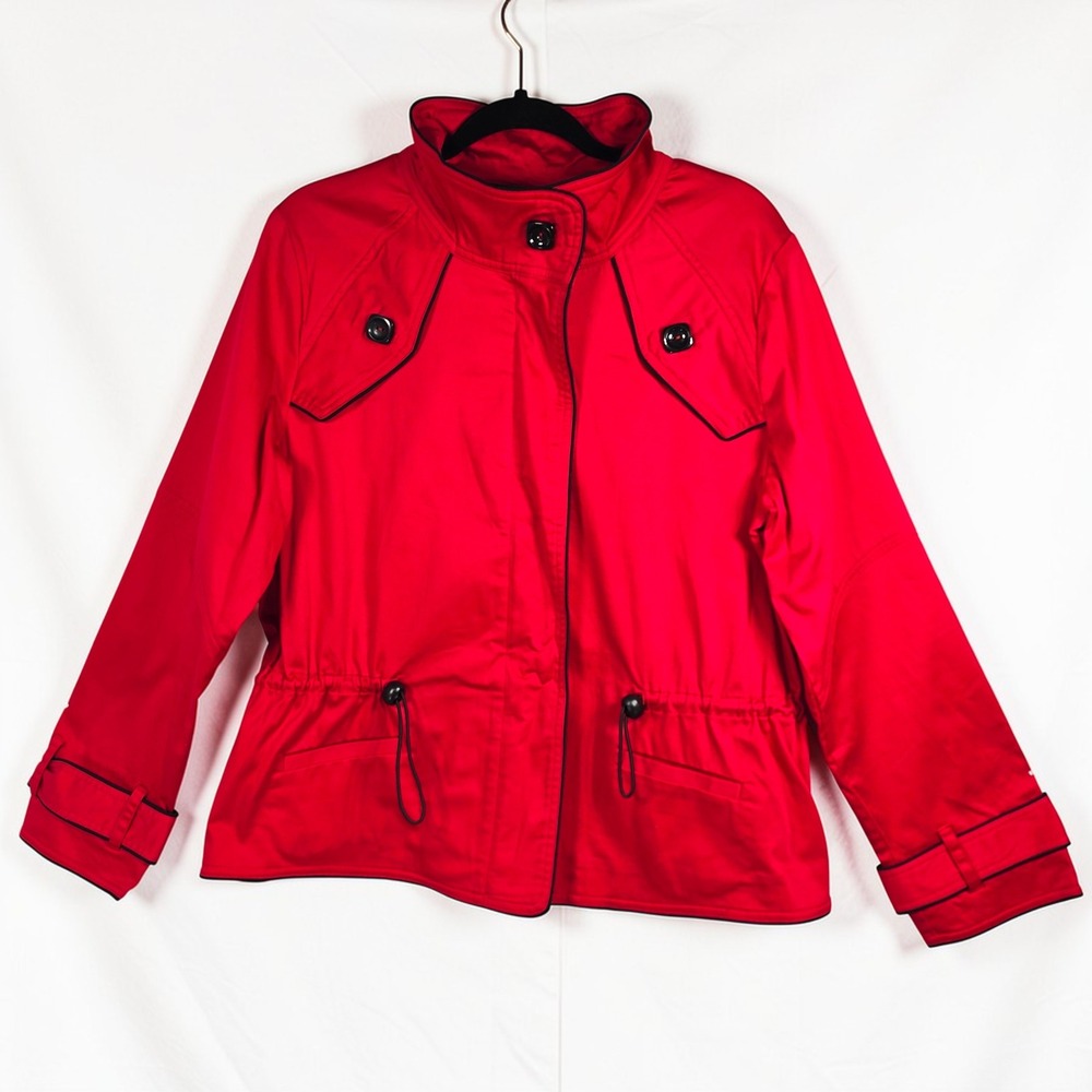 UBU Red Utility Jacket Womens Large Cotton Spandex Contrast Black Piping Pockets